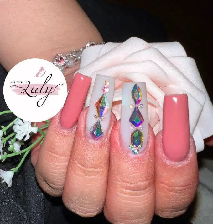 Peach and White Nails With Diamonds