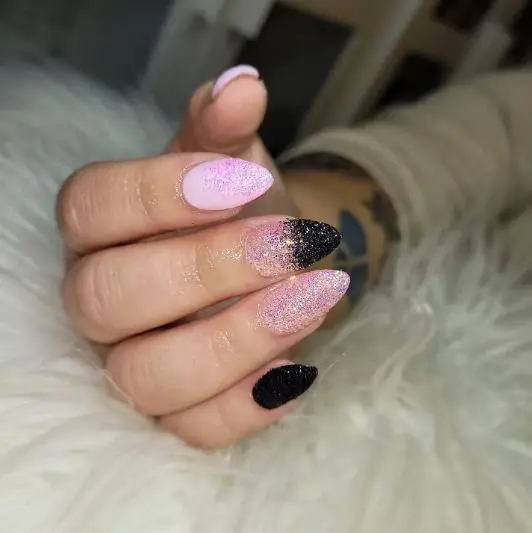 Pink And Black Almond Shaped Nails