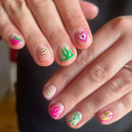 Pink and Green Flame Nail Design