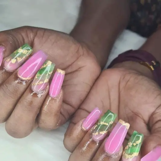 Pink and Green Ombre Nails with Gold Decals