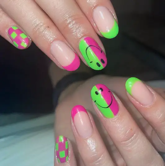 Pink and Green Smiley Face Nails