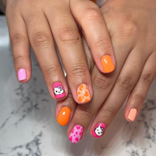 Pink and Orange Cow Print Kitty Nails
