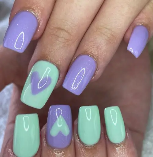 Purple and Mint Nails with Hearts