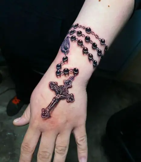 Realistic Rosary Wrist Tattoo