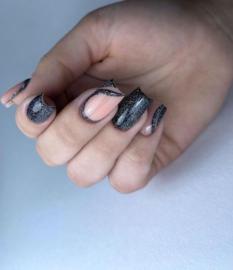 Reflective Black Glitter Nails