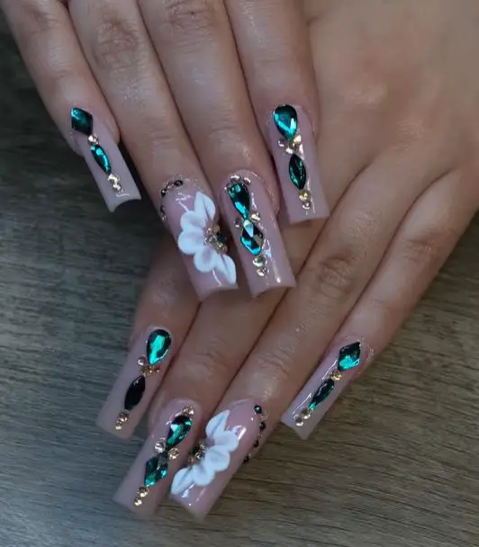 Rosy Nails With Emeralds