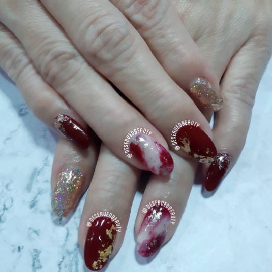 Subtle Maroon Marble Nails