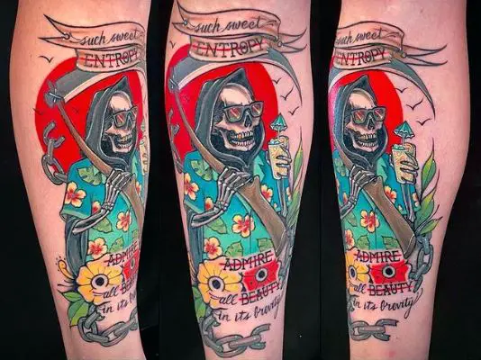 Shin Tattoos with a Grim Reaper Theme