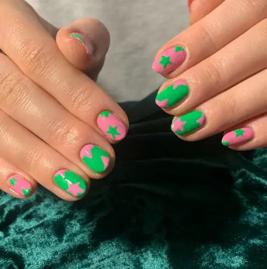 Short Almond Star Pink and Green Nails