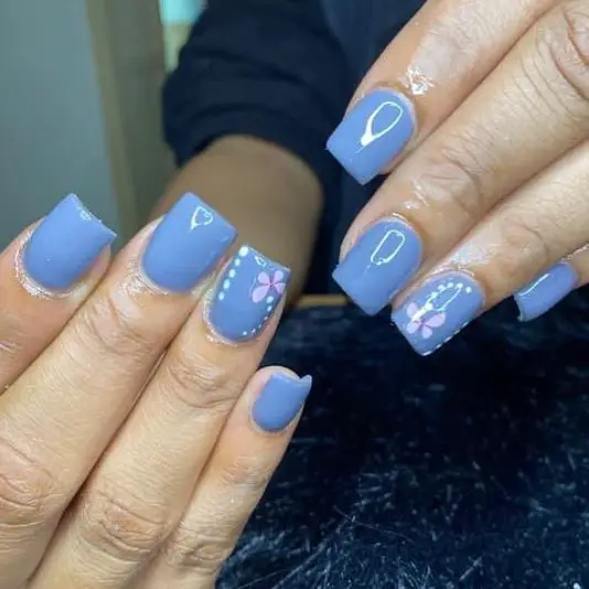 Short Blue Nails With Pink Butterfly