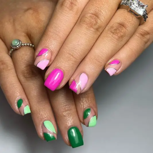 Short Green and Pink Nail Art
