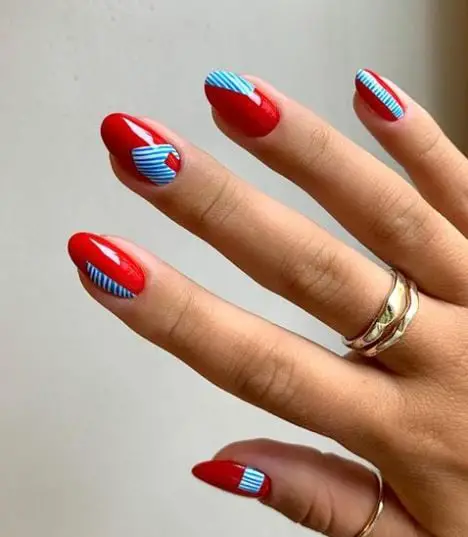Short Red and Blue Line Nails