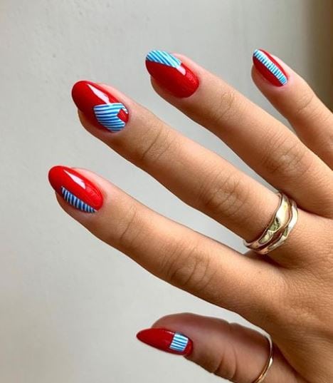 Short Red and Blue Line Nails