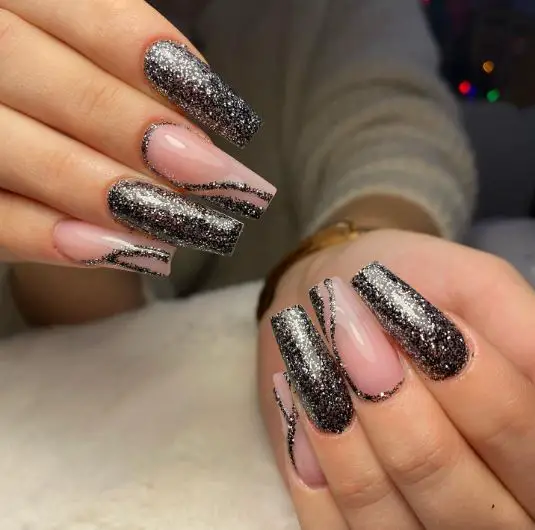 Silver Swirls Glitter Nails