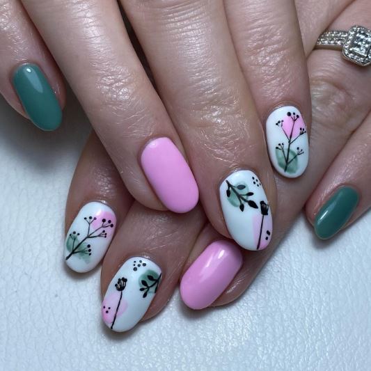 Simple pink and green seasonal nail design