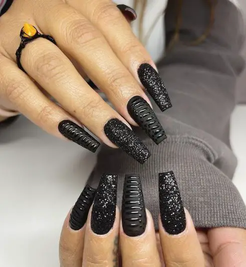 Snake Art On Black Glitter Nails