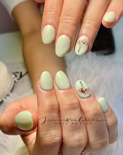 Solid Mint Nails with Floral Design