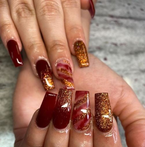 Sparkle Maroon Acrylic Nails