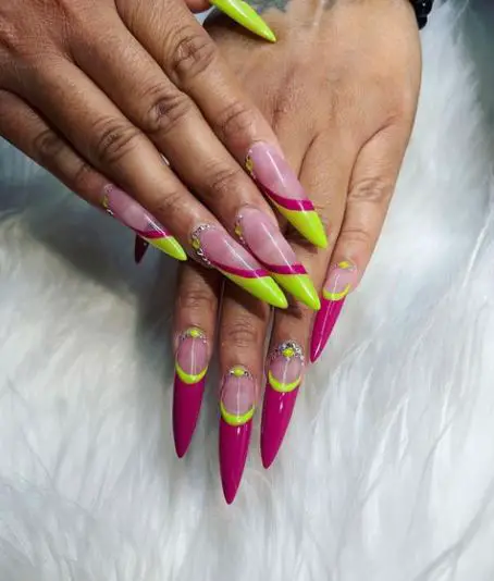 Stiletto Lime Green and Pink Nails