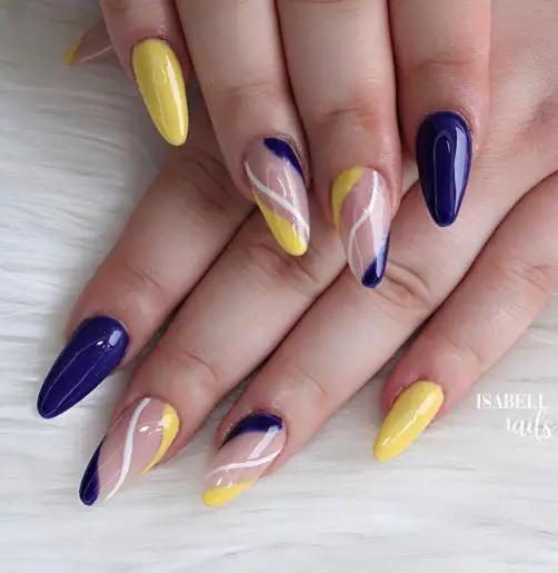 Stylish Yellow and Blue Almond Nails
