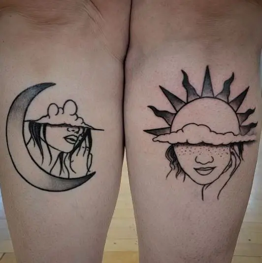 Sun Moon with Woman Paired Tattoo