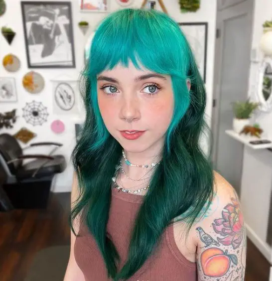 Teal Hair with Highlights Bailage Bangs