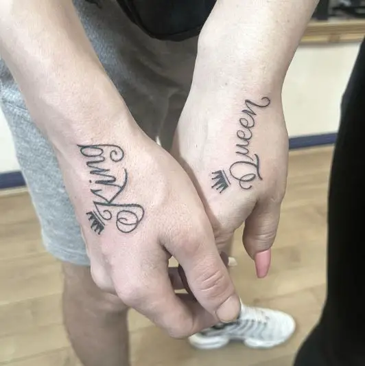 Text Style King and Queen Tattoo with Tiny Crown