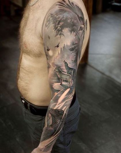 Twin Wolf Wild Nature Sleeve Tattoo