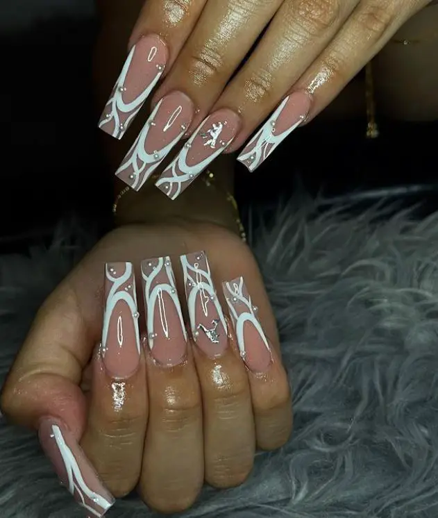 White Swirl Nails with Diamonds