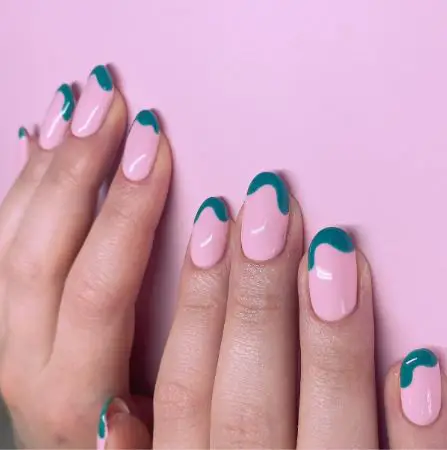 Dark Green Swirl Tips on Light Pink Nails