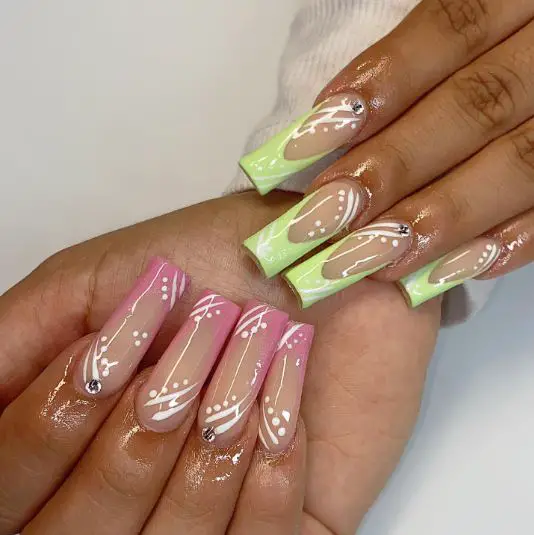 green and pink almond nails