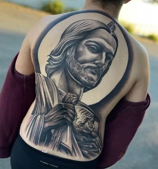 Realistic San Judas Back Tattoo