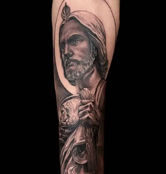 Grey San Judas Arm Tattoo