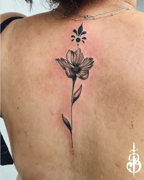 Black & Grey Ornament and Flower Spine Tattoo
