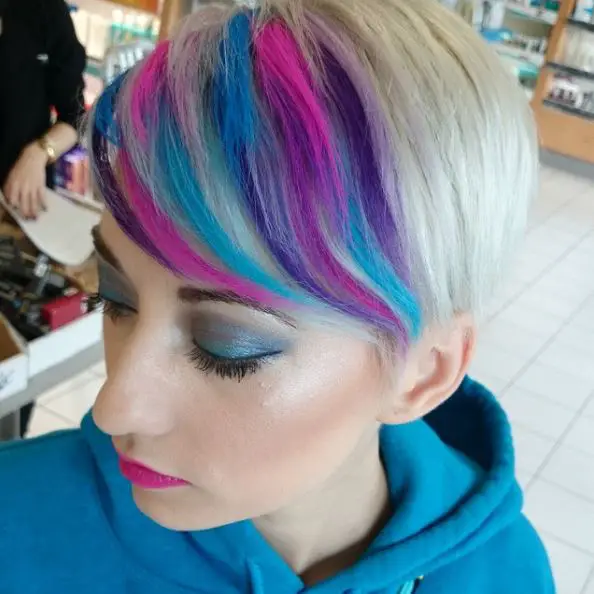 Pink, Blue, and Purple Bangs for Platinum Blonde Hair