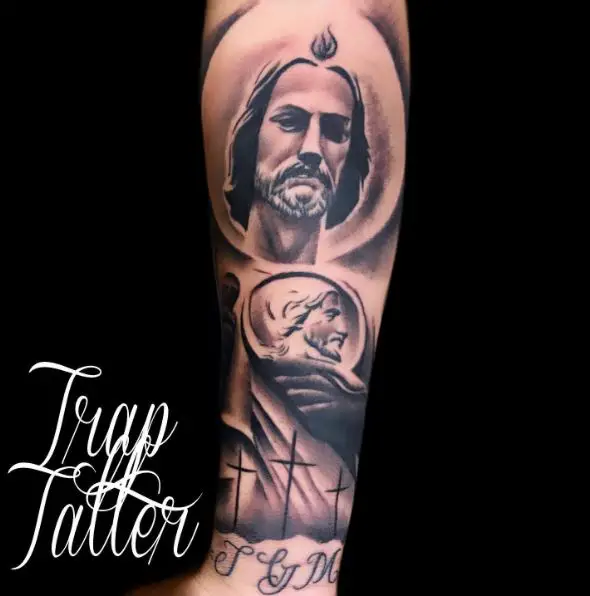 Black and Grey San Judas Forearm Tattoo