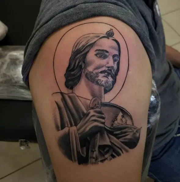Black and Grey San Judas Shoulder Tattoo