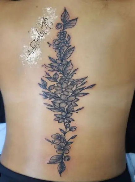 Flowers with Leaves Spine Tattoo