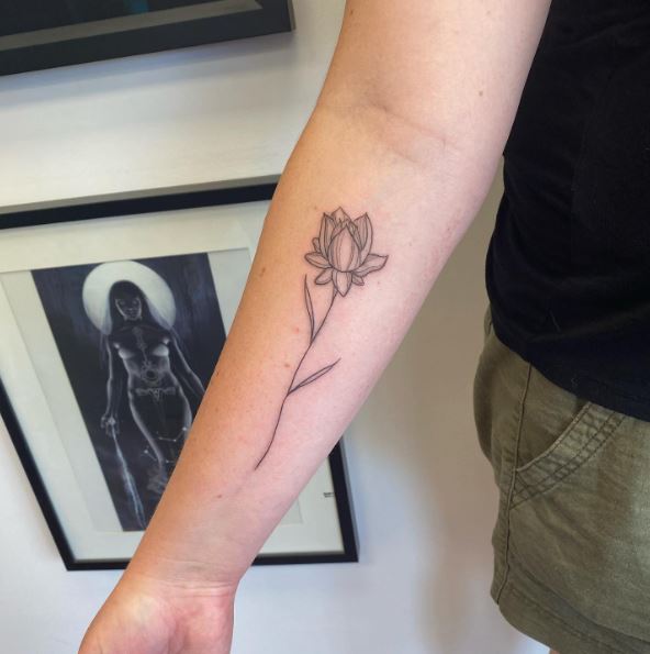 Grey Minimalistic Water Lily Forearm Tattoo