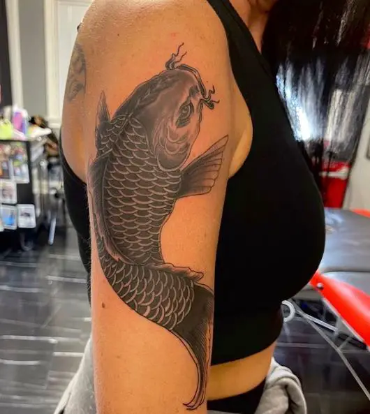 Grey Koi Fish Upper Arm Tattoo