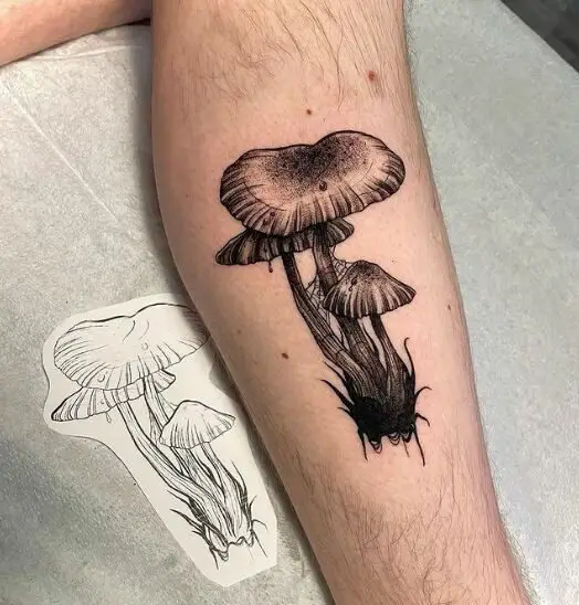 Black And Grey Mushroom Leg Tattoo