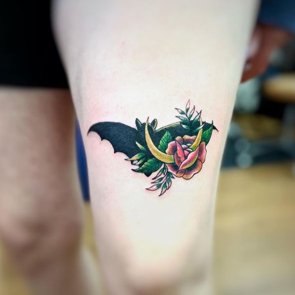 Rose and Bat Knee Tattoo