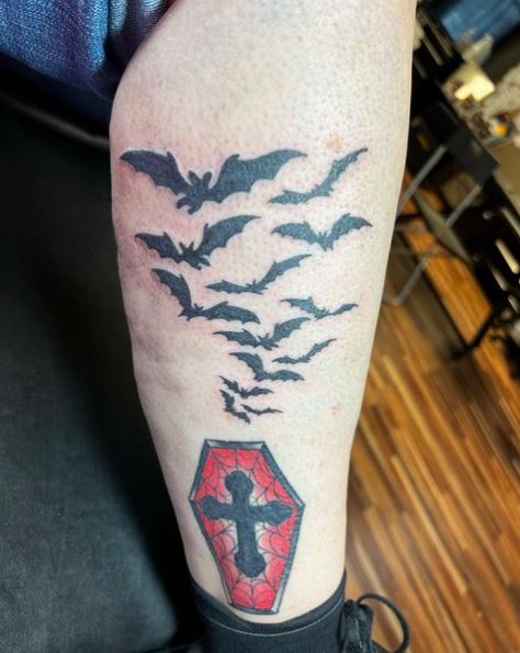 Coffin and Bats Leg Tattoo