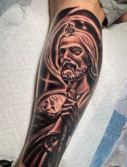 San Judas Calf Muscle Tattoo