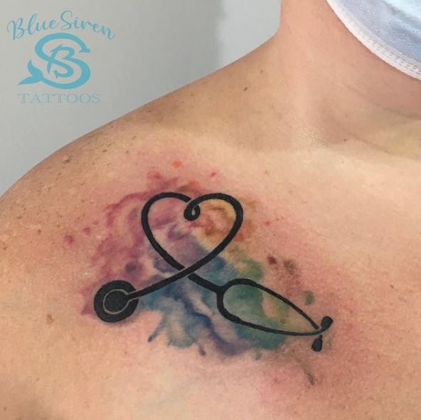 Watercolor Stethoscope Hearth Shaped Tattoo