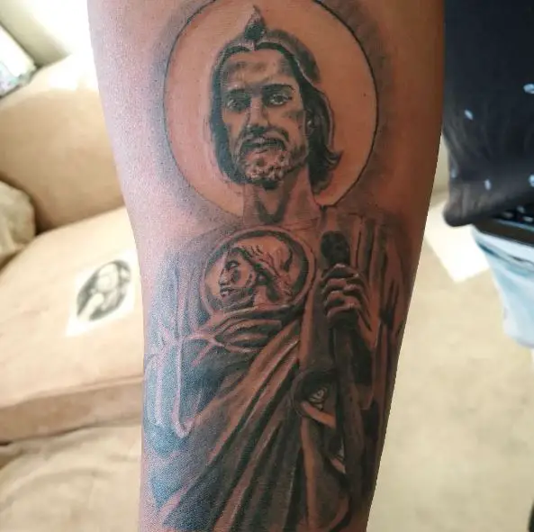 Realistic San Judas Arm Tattoo