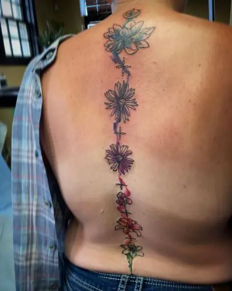 Colored Flowers Spine Tattoo