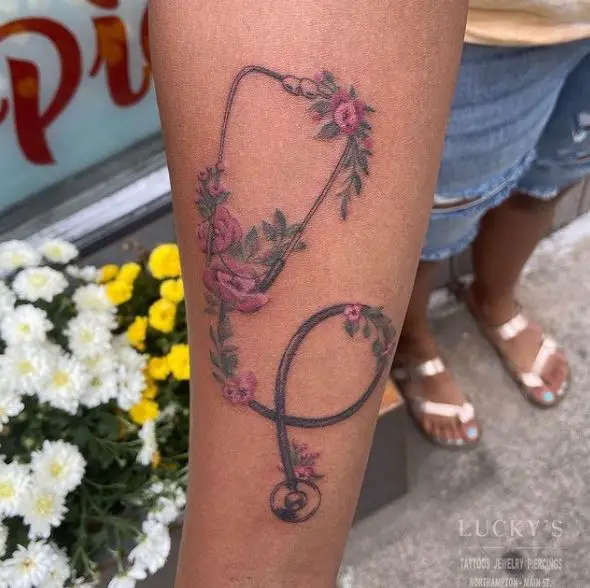 Pink Flowers and Grey Stethoscope Tattoo