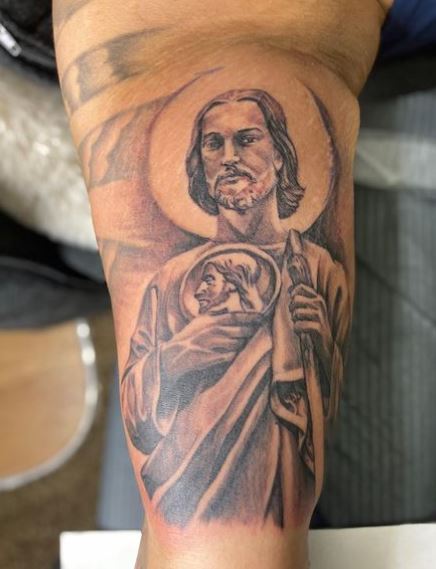 Black and Grey San Judas Arm Tattoo