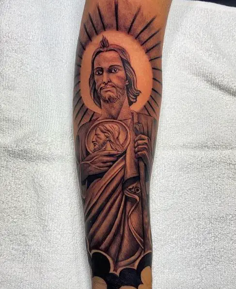 San Judas with Glowing Halo Arm Tattoo